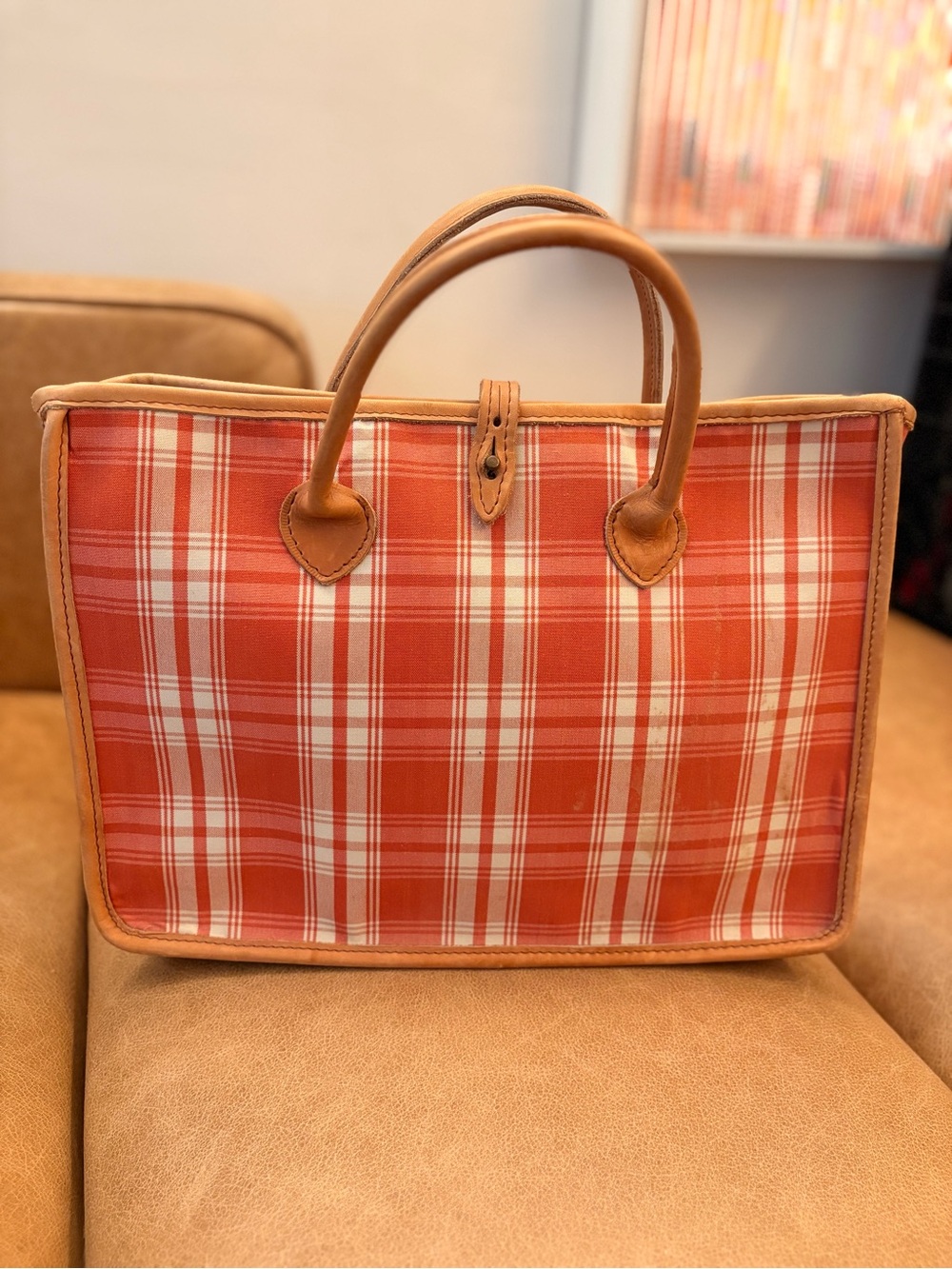 Jane Churchill Plaid Canvas & Leather Tote in Coral/White